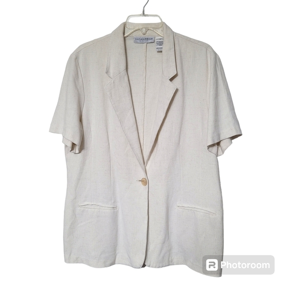 Sag Harbor Stretch Cream Short Sleeve Single Button Notch Collar Blazer Size 14 - Picture 6 of 6